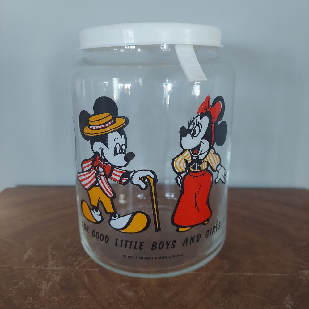 Vintage Minnie Mickey Mouse Walt Disney Glass Candy Jar For Good Girls and Boys